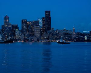 Preview wallpaper city, skyscrapers, water, dusk, evening, dark