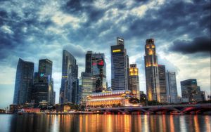 Preview wallpaper city, skyscrapers, water body, clouds, evening, hdr