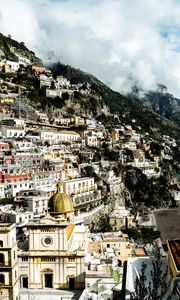 Preview wallpaper city, slope, houses, fog