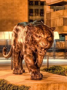 Preview wallpaper city, statue, tiger, metal, hdr