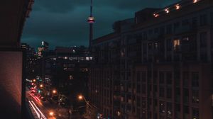 Preview wallpaper city, street, aerial view, buildings, dark, night