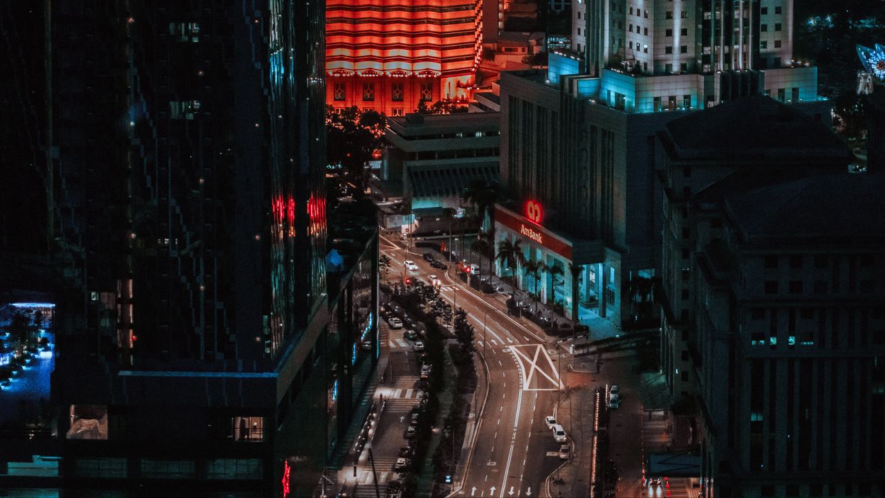 Wallpaper city, street, aerial view, buildings, road, cars