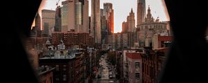 Preview wallpaper city, street, aerial view, buildings, road, cars, people