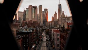 Preview wallpaper city, street, aerial view, buildings, road, cars, people