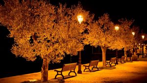 Preview wallpaper city, street, benches, lights, park, evening