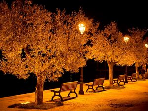 Preview wallpaper city, street, benches, lights, park, evening