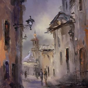 Preview wallpaper city, street, buildings, lights, people, art