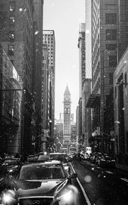 Preview wallpaper city, street, bw, cars, snowfall, snow