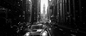 Preview wallpaper city, street, bw, cars, snowfall, snow