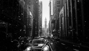 Preview wallpaper city, street, bw, cars, snowfall, snow