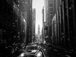 Preview wallpaper city, street, bw, cars, snowfall, snow