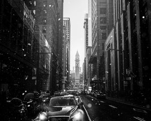 Preview wallpaper city, street, bw, cars, snowfall, snow