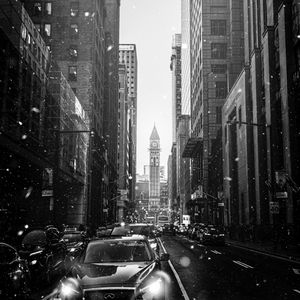 Preview wallpaper city, street, bw, cars, snowfall, snow