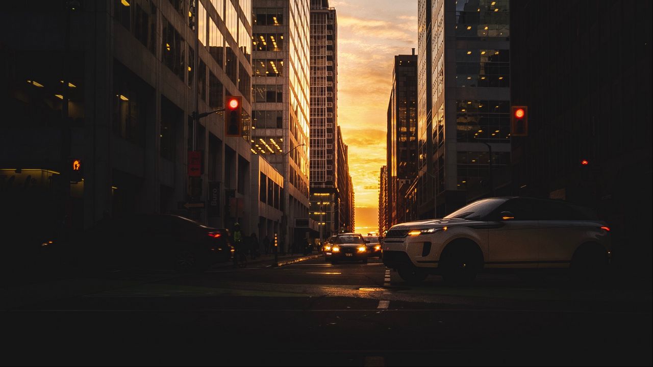 Wallpaper city, street, dusk, buildings, cars