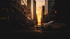 Preview wallpaper city, street, dusk, buildings, cars