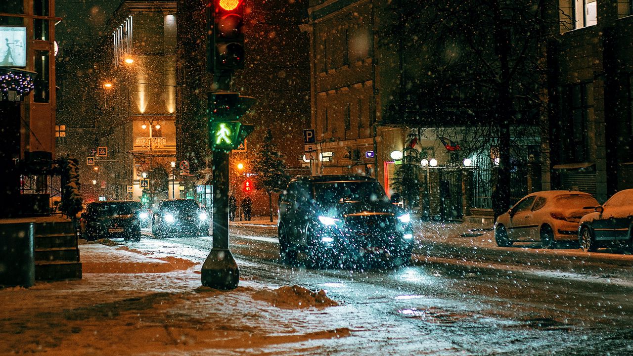 Wallpaper city, street, night, snow, cars