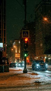 Preview wallpaper city, street, night, snow, cars