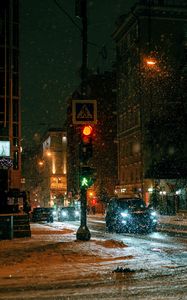 Preview wallpaper city, street, night, snow, cars