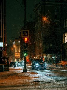Preview wallpaper city, street, night, snow, cars