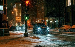 Preview wallpaper city, street, night, snow, cars