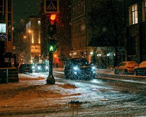 Preview wallpaper city, street, night, snow, cars