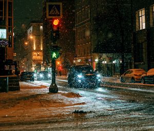 Preview wallpaper city, street, night, snow, cars