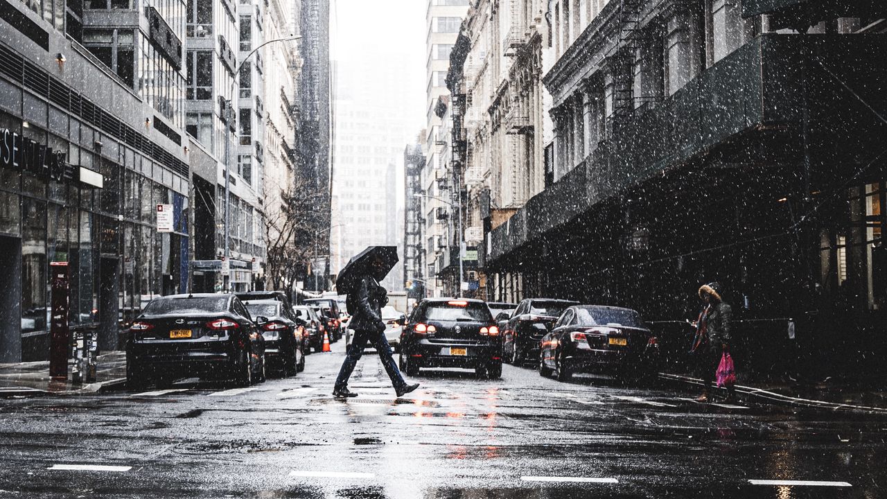 Wallpaper city, street, rain, people, cars, buildings