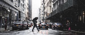 Preview wallpaper city, street, rain, people, cars, buildings