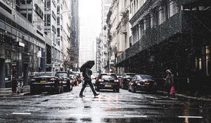 Preview wallpaper city, street, rain, people, cars, buildings