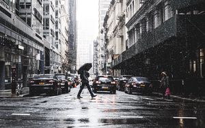 Preview wallpaper city, street, rain, people, cars, buildings