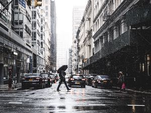 Preview wallpaper city, street, rain, people, cars, buildings