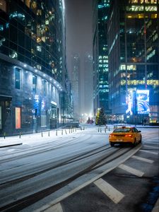 Preview wallpaper city, street, road, car, buildings, new year