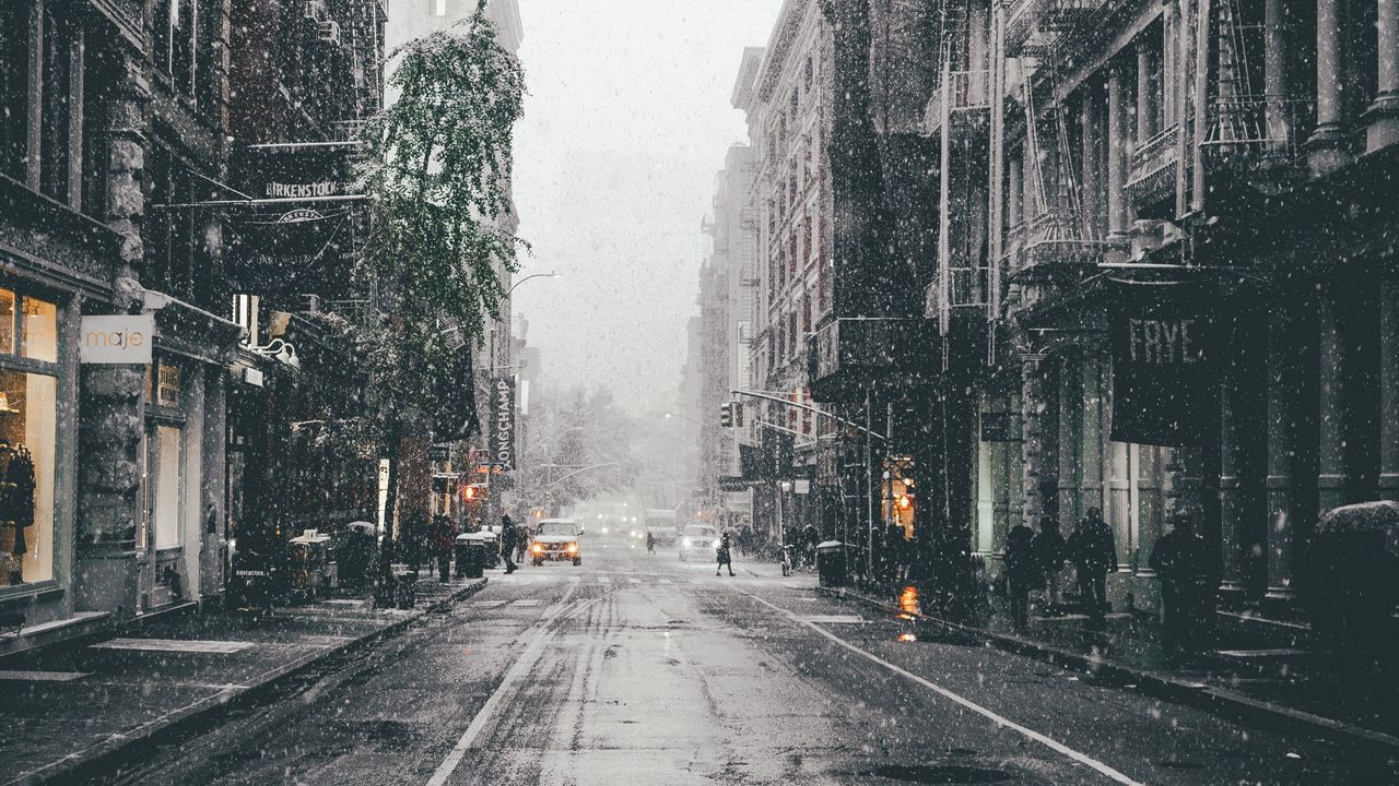 Wallpaper city, street, snowfall, winter, fog