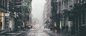 Preview wallpaper city, street, snowfall, winter, fog