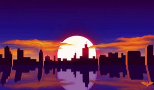 Preview wallpaper city, sun, sunset, reflection, art, vector