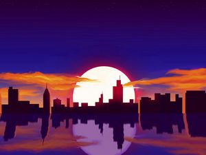 Preview wallpaper city, sun, sunset, reflection, art, vector