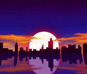 Preview wallpaper city, sun, sunset, reflection, art, vector
