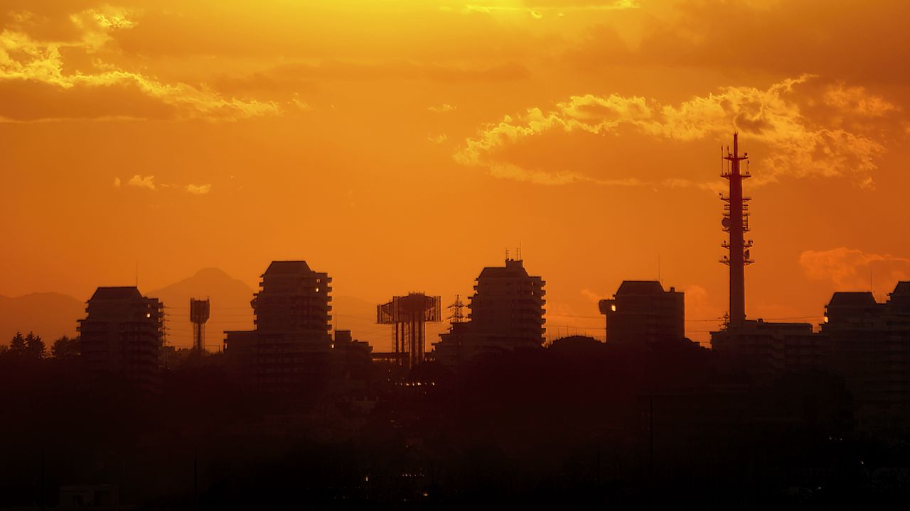 Wallpaper city, sunrise, building, sky, dark