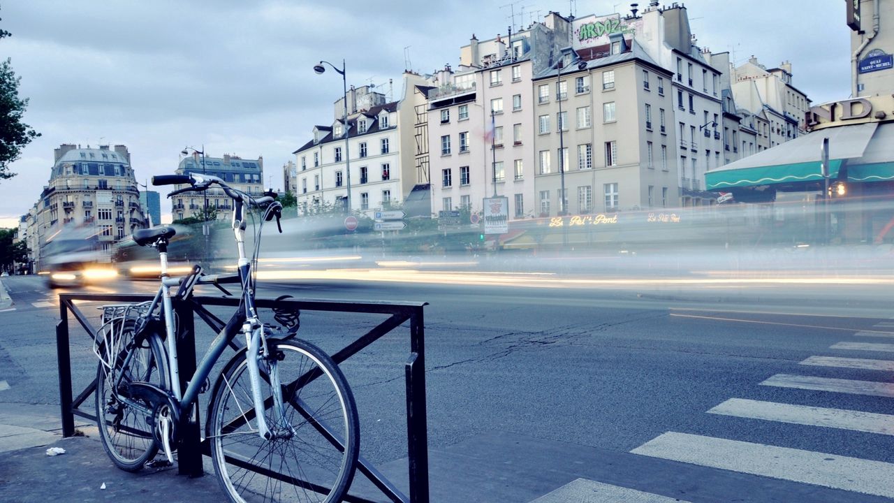 Wallpaper city, sunrise, street, building, road, bike, fog