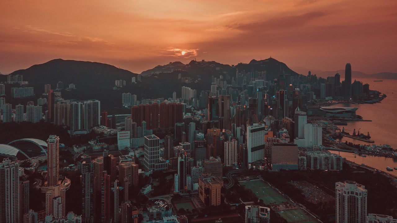 Wallpaper city, sunset, aerial view, skyscrapers, sky, hong kong