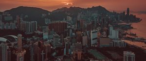 Preview wallpaper city, sunset, aerial view, skyscrapers, sky, hong kong