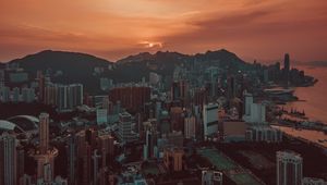 Preview wallpaper city, sunset, aerial view, skyscrapers, sky, hong kong