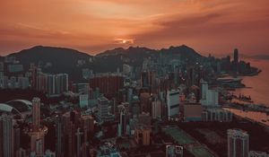 Preview wallpaper city, sunset, aerial view, skyscrapers, sky, hong kong