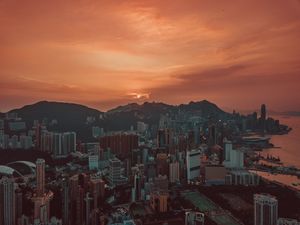 Preview wallpaper city, sunset, aerial view, skyscrapers, sky, hong kong