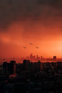 Preview wallpaper city, sunset, aerial view, dusk, buildings, birds