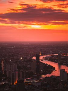 Preview wallpaper city, sunset, aerial view, buildings, river, dusk