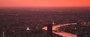 Preview wallpaper city, sunset, aerial view, buildings, river, dusk