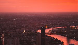 Preview wallpaper city, sunset, aerial view, buildings, river, dusk