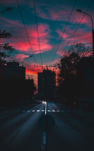 Preview wallpaper city, sunset, clouds, street, movement