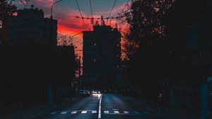 Preview wallpaper city, sunset, clouds, street, movement